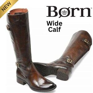 BORN Brand Leather Tall Shaft WIDE CALF NEW NIB Western Brown Riding Boots